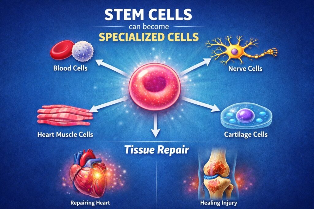 Stem cells (illustration) can transform into specialized cells to repair tissues.